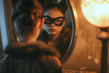 A young girl in a cat mask reflects her alter ego in the mirror, a captivating scene filled with mystery and a hint of masquerade charm.