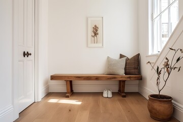 Breathtaking Brownstone Entryway: Scandinavian Home White Wall and Wood Bench