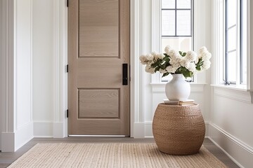 Coastal Charm: Brownstone Entryway Designs with White Door and Rattan Rug