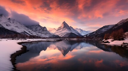 Fototapeta na wymiar Panoramic view of snowy mountains reflected in the lake at sunset