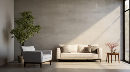 A stylish living room with a textured wall finish, a side table, and a white leather loveseat
