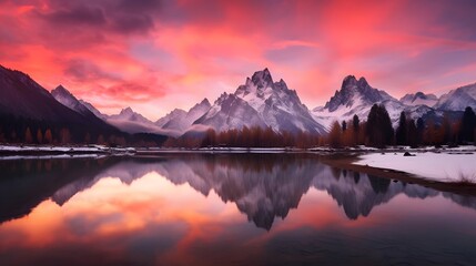 Panoramic view of snow-capped mountains and lake at sunrise