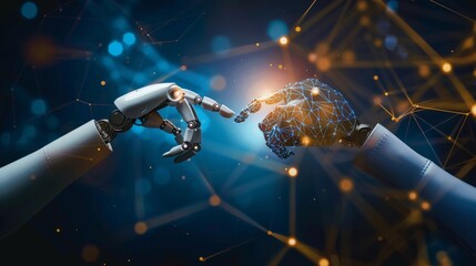 Machine learning, Hands of robot and human touching big data of Global network connection, Internet and digital technology