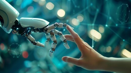 Machine learning, Hands of robot and human touching big data of Global network connection, Internet and digital technology