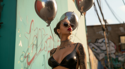 Fashionable woman with tattoos, sunglasses, and red lipstick, holding silver balloons with graffiti...