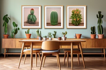 Cactus and Succulent Displays on Mid-Century Dining Room Table with Art Poster Background