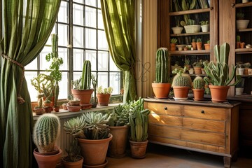 Botanical Charm: Cactus and Succulent Displays in Farmhouse Room With Curtain Details and Classic Wooden Furniture