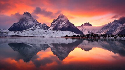 Panoramic view of snowy mountains with reflection in water at sunset