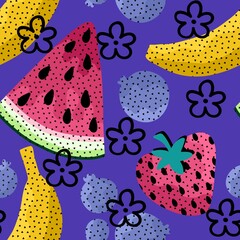 Cartoon doodle cute fruit seamless banana and strawberry and watermelon and blueberry pattern for summer print