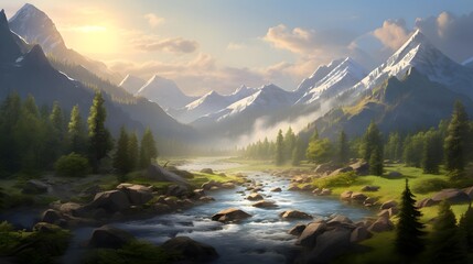 Panoramic view of the mountain river at dawn. Beautiful summer landscape.