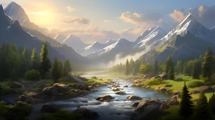 Foto auf Acrylglas Antireflex Panoramic view of the mountain river at dawn. Beautiful summer landscape. © Iman