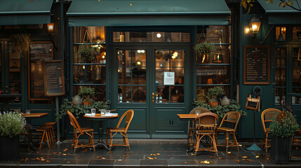 Paris coffee shop ambiance, elegant cafe, green is the main color, vintage retro style