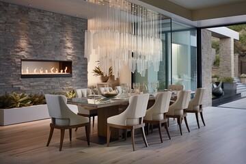 Cascading Waterfall Embrace: Modern Dining Area with Glass Doors and Chic Chairs