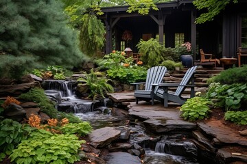 Cascading Waterfall Oasis: Scandinavian Backyard, Stone Paths, and Cozy Lounge