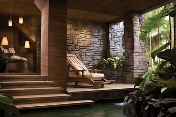 Serene Spa Oasis: Cascading Waterfall Features, Wooden Decor, and Relaxation Lounges