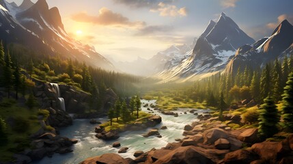 Panorama of a beautiful mountain river in the mountains at sunset.