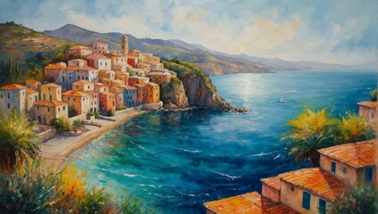 panorama of the town of kotor, Watercolor - obrazy, fototapety, plakaty