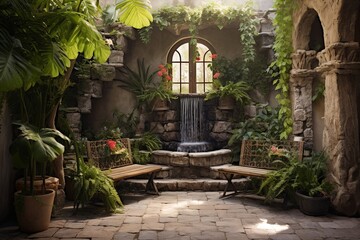 Fototapeta na wymiar Cascading Waterfall Oasis: Stone Benches and Green Plant Courtyard
