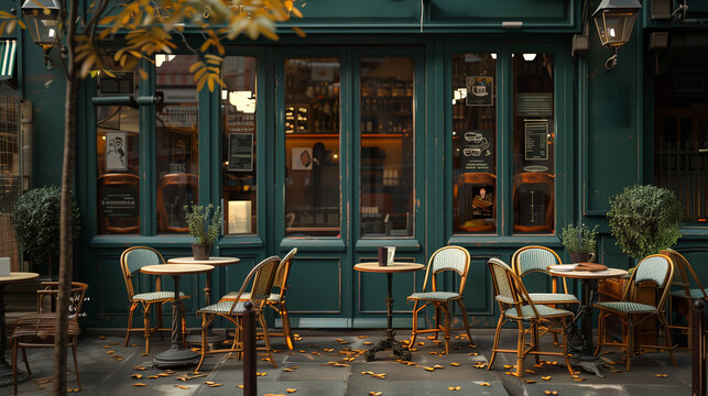 cafe in the city, Paris coffee shop ambiance, elegant cafe, green is the main color, vintage retro style