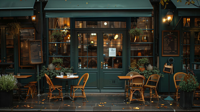Paris coffee shop ambiance, elegant cafe, green is the main color, vintage retro style