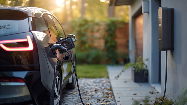 EV hybrid car is being charged from a wall box near a contemporary modern residential building house, house with backup batteries on the wall