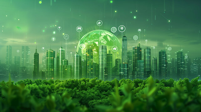 Modern city and environmental technology concept. Sustainable development goals. SDGs.,  Resource recycling. Recycling society. Green tech smart carbon neutral bouldings