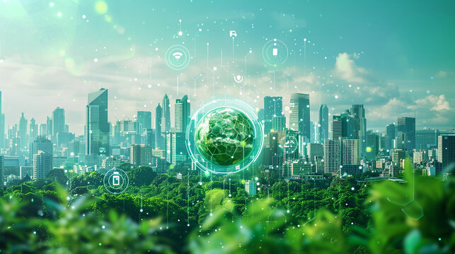 Fototapeta Modern city and environmental technology concept. Sustainable development goals. SDGs.,  Resource recycling. Recycling society. Green tech