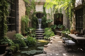 Fototapeta na wymiar Enchanting Courtyard Oasis: Cascading Waterfall, Stone Benches, and Green Plant Decor