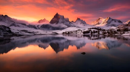 Panoramic view of snowy mountains reflected in the water at sunset