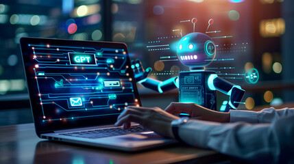Chat with AI, generate, imagine prompt, businessman show virtual graphic Global Internet connect, Artificial Intelligence, using command for generates something, Futuristic technology transformation.