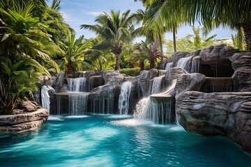 Naklejka premium Cascading Waterfall Oasis: Villa Pool Bliss with Palm Trees and Lounges