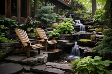 Fototapeta na wymiar Cascading Waterfall Retreat: Scandinavian Backyard Oasis with Stone Paths and Cozy Lounge