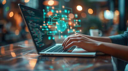 Chat with AI, businessman show virtual graphic Global Internet connect, Artificial Intelligence, using command for generates something, Futuristic technology transformation.