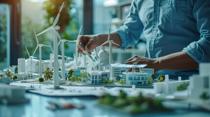close up of Engineers designing models of turbines, solar panels, and clean energy, discussing a clean energy city planning project with building models	