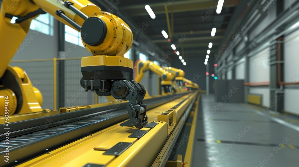 Poster industrial robotic arms with empty conveyor belt rendering