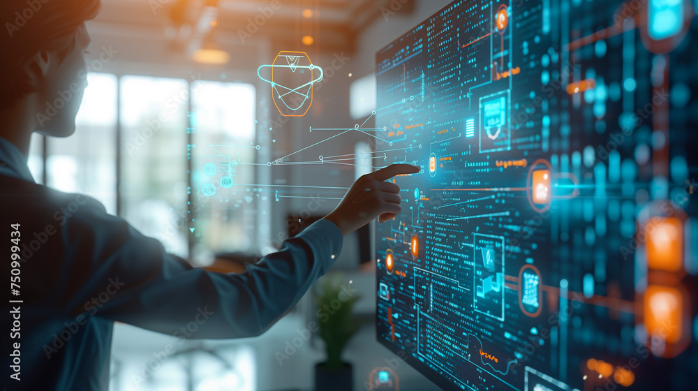 Poster businesswoman using a big screen with abstract creative business charts and binary code on a blurry 