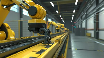 Industrial robotic arms with empty conveyor belt rendering
