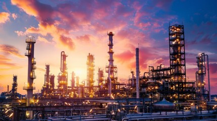 Oil refinery plant at sunset, The night view of petroleum and petrochemical factory with distillation column, drum and pipeline. - obrazy, fototapety, plakaty