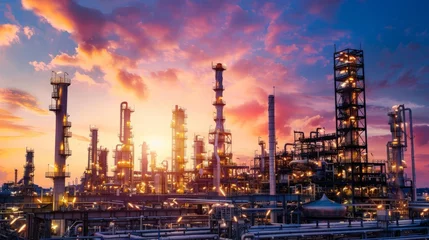 Fotobehang Oil refinery plant at sunset, The night view of petroleum and petrochemical factory with distillation column, drum and pipeline. © chanidapa