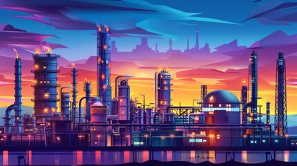 Oil refinery plant at sunset, The night view of petroleum and petrochemical factory with distillation column,