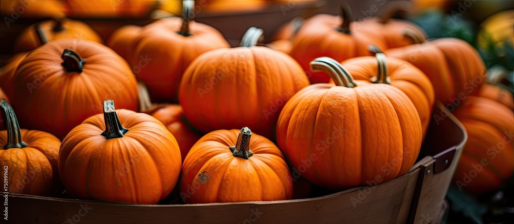 Poster a collection of small pumpkins is neatly arranged in a metal container, creating a festive and autum