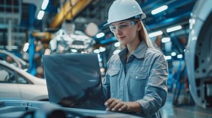 Portrait of a Happy Young Beautiful Female Engineer Wearing White Hard Hat, Using Laptop Computer in Office at Car Assembly Plant.