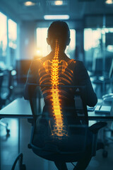 highlighted spine of a full body of a woman with neck and back pain in the office, medical concept,...