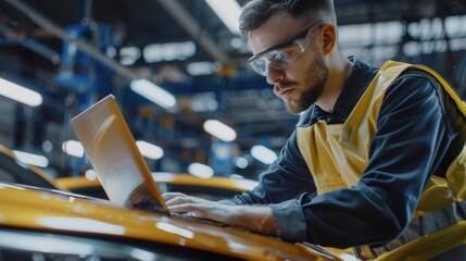 Portrait of Automotive Industry Engineer in Safety Glasses and Uniform Using Laptop at Car Factory Facility.