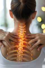 Fototapeta premium highlighted spine of a woman with neck and back pain in the office, medical concept, office syndrome, a woman with neck upper back pain 