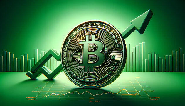 Bitcoin logo against a green background and an uptrend graph to reflect the bullish market trend.