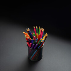 colored pencils and felt-tip pens in a metal mesh can on a black background.