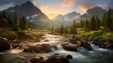 Panorama of a mountain river in the mountains. Beautiful summer landscape. - obrazy, fototapety, plakaty