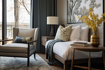 Chic Boutique Hotel Room: Natural Fiber Rugs, Luxurious Linens, and Elegant Furniture