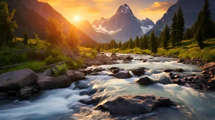 Gardinen Panorama of a mountain river in the Swiss Alps at sunset. © Iman